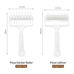 White plastic pizza docker and lattice cutter set with precise dimensions and weight