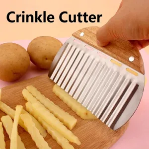 Stainless steel wavy potato cutter with ergonomic wooden handle for crinkle cut fries