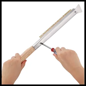 Close-up detail showing the screw assembly of a professional wooden handle pizza oven brush