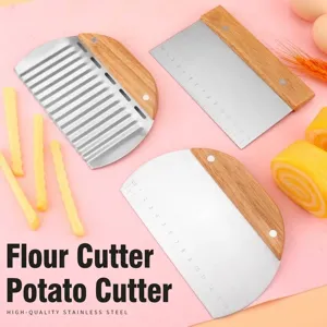 Stainless steel kitchen scraper set with wooden handles for baking and slicing
