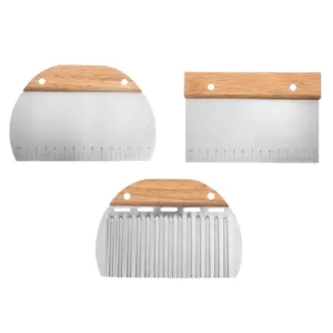 Set of 3 stainless steel dough scrapers with wooden handles for baking and wavy slicing