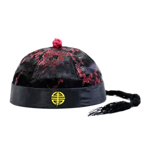 Traditional Chinese Guapi hat with black silk, red floral embroidery and a braid