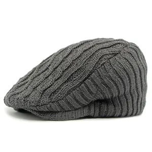 Vintage dark grey knitted flat cap with ribbed texture for autumn winter