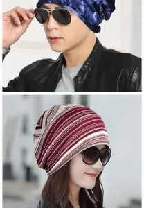 Detailed view of unisex slouchy beanies in tie-dye blue and striped red patterns