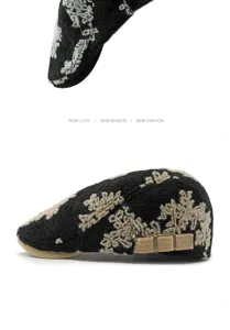 Detailed view of winter jacquard knit beret with snowflake pattern