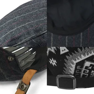 Close-up details of stylish British flat cap with jacquard pattern and leather strap