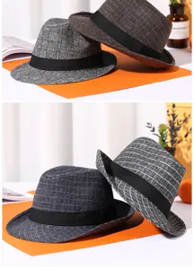 Close-up detail of retro plaid fedora hats with stylish black ribbon bands for men