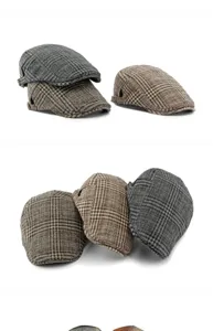 Macro detail of vintage plaid flat caps in assorted grey and brown checkered patterns