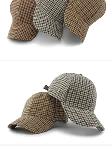 Detailed view of stylish houndstooth pattern baseball caps in various earthy tones