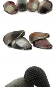 Detailed collage of classic British style plaid and striped newsboy caps in various colors.