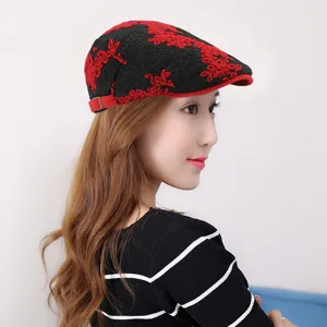 Elegant women's winter cotton jacquard flat cap with red floral pattern on black base