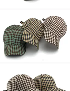 Fashionable houndstooth patterned baseball caps in three different color combinations.