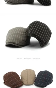 Collection of British retro striped and plaid newsboy caps for men and women in various colors