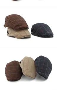 Detailed view of British vintage plaid and herringbone flat caps in various colors
