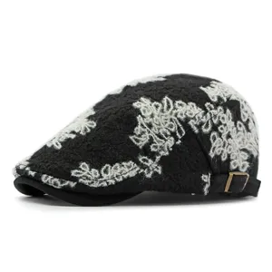 Stylish winter jacquard cotton beret hat with vintage knit pattern and side metal buckle