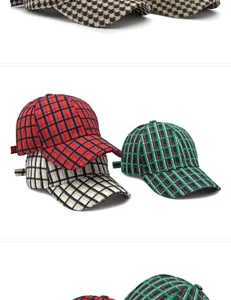 Detailed view of various plaid and houndstooth pattern baseball caps in multiple colors.