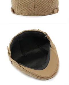 Close-up of knit newsboy cap showing woven texture and cotton blend inner lining