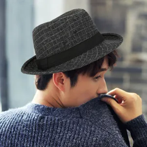 Stylish men's British style retro grey checkered fedora jazz hat with a black ribbon band