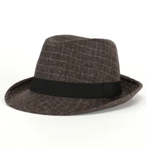 Men's retro British style plaid fedora jazz hat with black ribbon band and rolled brim