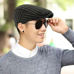 Classic black pinstripe flat cap for men, British retro style beret