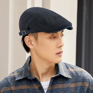Classic knit navy blue beret flat cap for men with retro British style texture