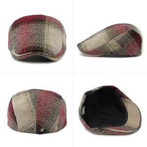 Vintage British style red and beige plaid flat cap for men and women in four-angle view