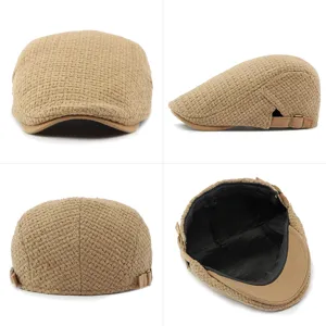 Retro British style knitted newsboy cap for men and women in warm khaki brown color