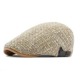 Vintage knit plaid flat cap for winter, warm and stylish british style beret.