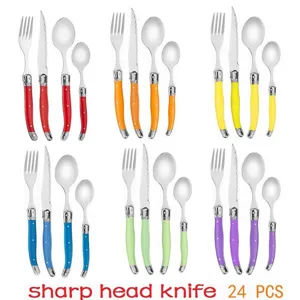 24-piece colorful stainless steel cutlery set with bee detail and sharp steak knives