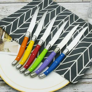 Detailed view of six colorful Laguiole style stainless steel steak knives on a table.