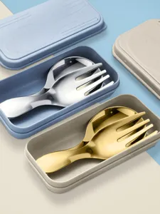 Close-up of portable mini stainless steel spoon and fork set in colorful travel cases