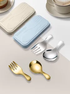Portable short handle stainless steel fork and spoon set with storage case for kids