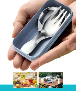 Portable mini stainless steel spoon and fork set with blue storage box for kids outdoor use