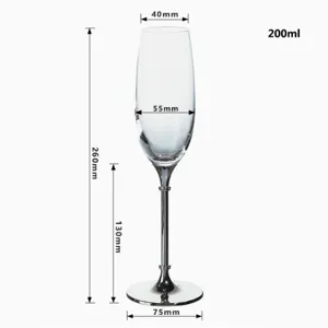 Elegant 200ml champagne flute glass with silver metallic stem and base dimension measurements