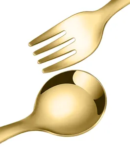 Close-up of golden stainless steel children spoon and fork set with polished finish