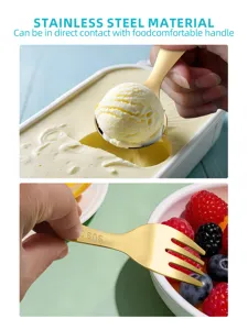 Short handle stainless steel gold dessert spoon and fork set for fruit and ice cream
