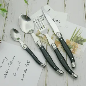 Detailansicht eines 4-teiligen Bestecksets im Laguiole-Stil aus Edelstahl mit Griffen.