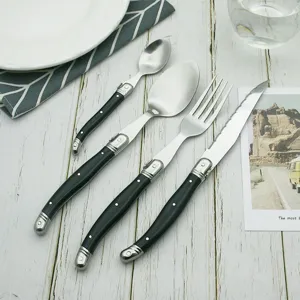 Detailansicht eines 4-teiligen Laguiole-Edelstahlbestecksets mit eleganten schwarzen Griffen