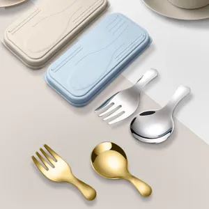 Portable stainless steel kids spoon and fork set with storage case in gold and silver