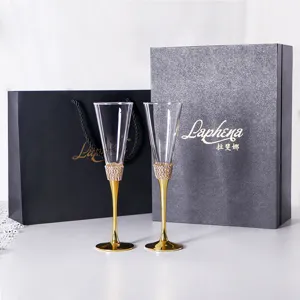 Luxury Champagne Flute Set Lead-Free Crystal Glass Slant Mouth Wine Glasses With Rhinestone Stem Electroplated Metal Drinkware For Wedding Party Home Gift