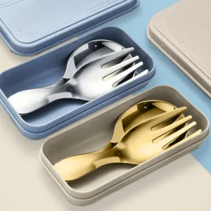 Portable kids stainless steel cutlery set with short handle spoon and fork in storage box.