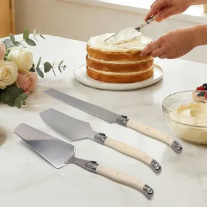 Professionelles 3-teiliges Tortenbesteck und Brotmesser-Set mit cremeweißen Griffen aus Edelstahl