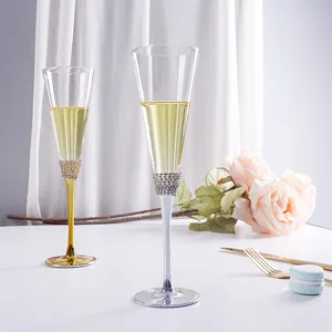 Elegant champagne flute set with rhinestone decor and luxury glass stems for party