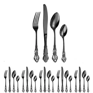 Elegante juego de cubiertos negros de 24 piezas con relieve para cenas occidentales de lujo