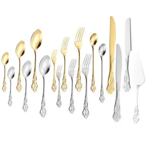 Juego de cubiertos de lujo 16 piezas con mango calado en oro y plata para hoteles