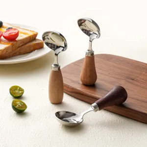 Juego de cucharas redondas de acero inoxidable de estilo japonés con mangos de madera