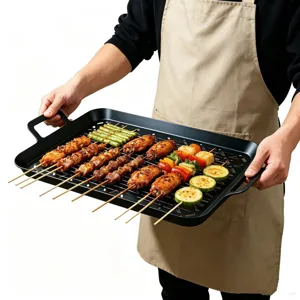 Stainless steel black BBQ grill pan with double handles for outdoor roasting