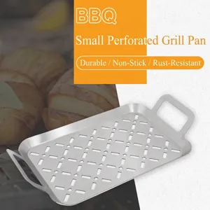 Detailed view of 430 stainless steel rectangular BBQ grill pan with cross-hole design