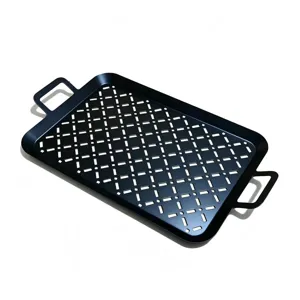 Durable rectangular 430 stainless steel BBQ grill pan with handles and perforated base.