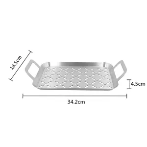 Detailed dimensions of the rectangular stainless steel BBQ grill tray with dual handles.